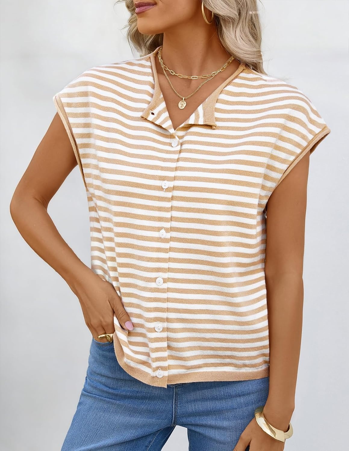 image:imageMEROKEETY Womens Summer Cap Short Sleeve Sweater Vest 2026 Trendy TopsStripekhaki