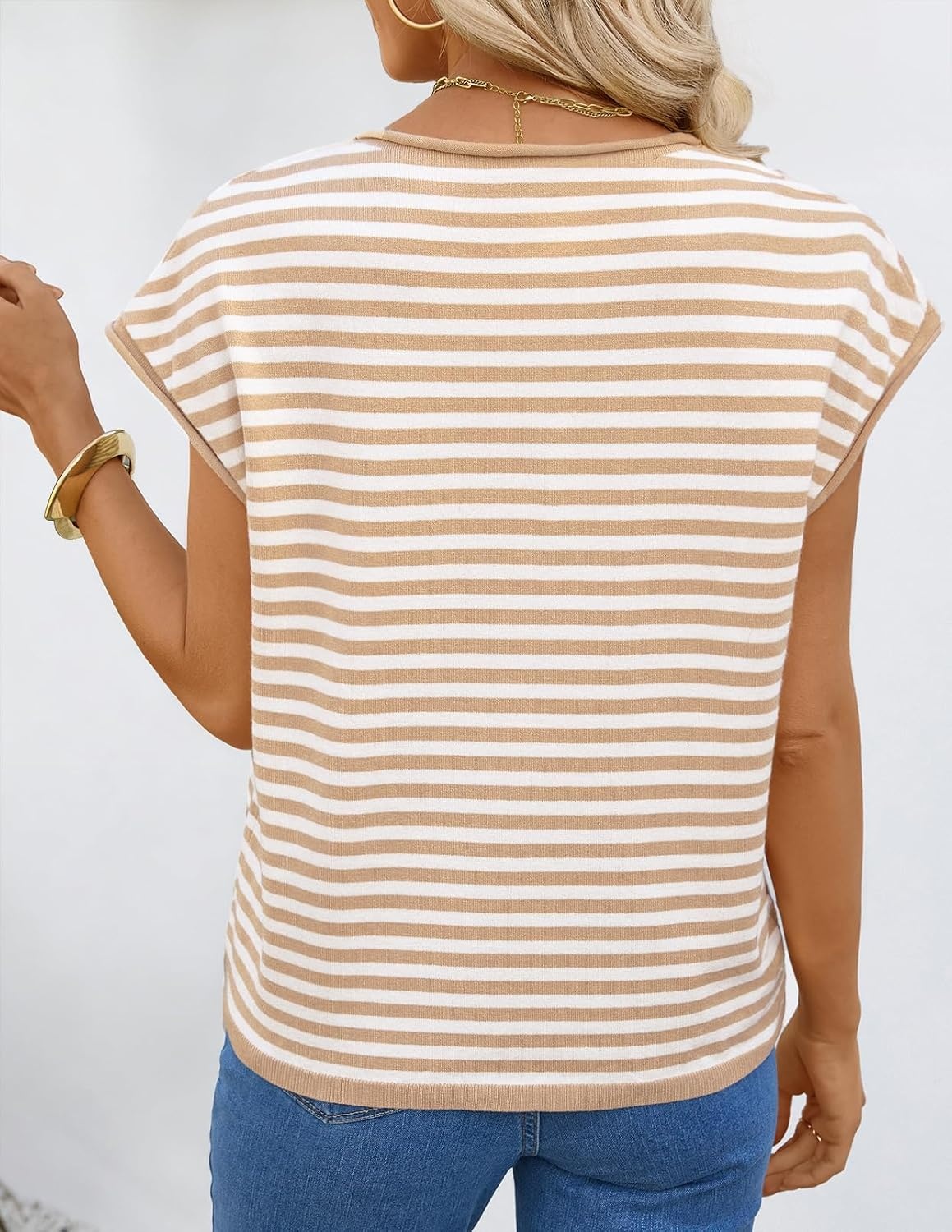 image:imageMEROKEETY Womens Summer Cap Short Sleeve Sweater Vest 2026 Trendy TopsStripekhaki
