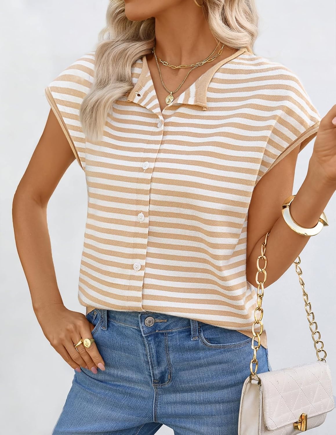 image:imageMEROKEETY Womens Summer Cap Short Sleeve Sweater Vest 2026 Trendy TopsStripekhaki