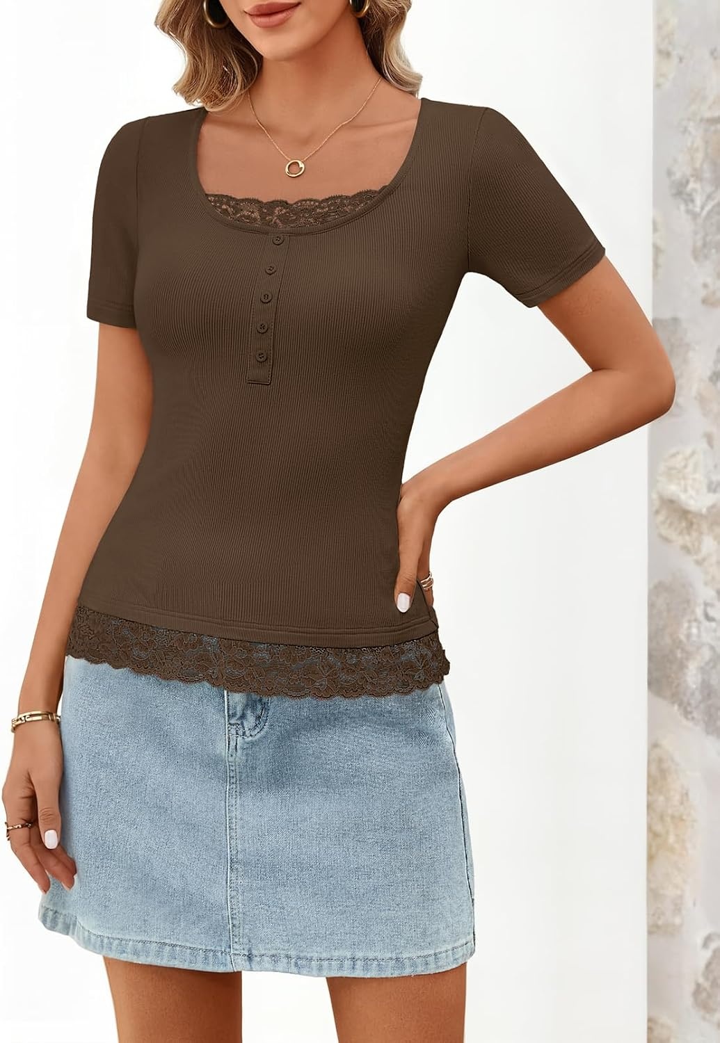 image:imageMEROKEETY Womens Summer Lace Trim Tops Cute Short Sleeve Ribbed Shirts 2026Coffee