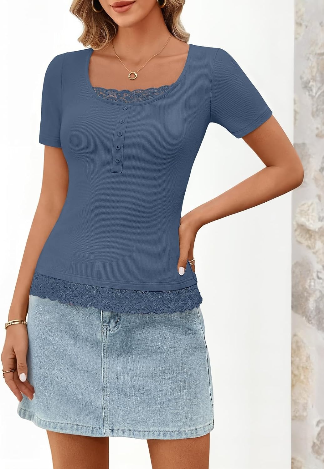 image:imageMEROKEETY Womens Summer Lace Trim Tops Cute Short Sleeve Ribbed Shirts 2026Dusty Blue