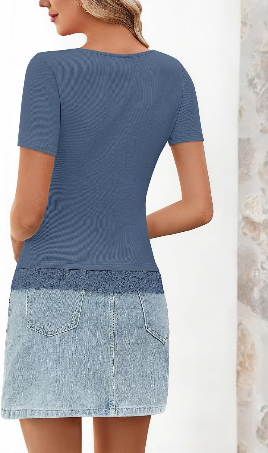 image:imageMEROKEETY Womens Summer Lace Trim Tops Cute Short Sleeve Ribbed Shirts 2026Dusty Blue