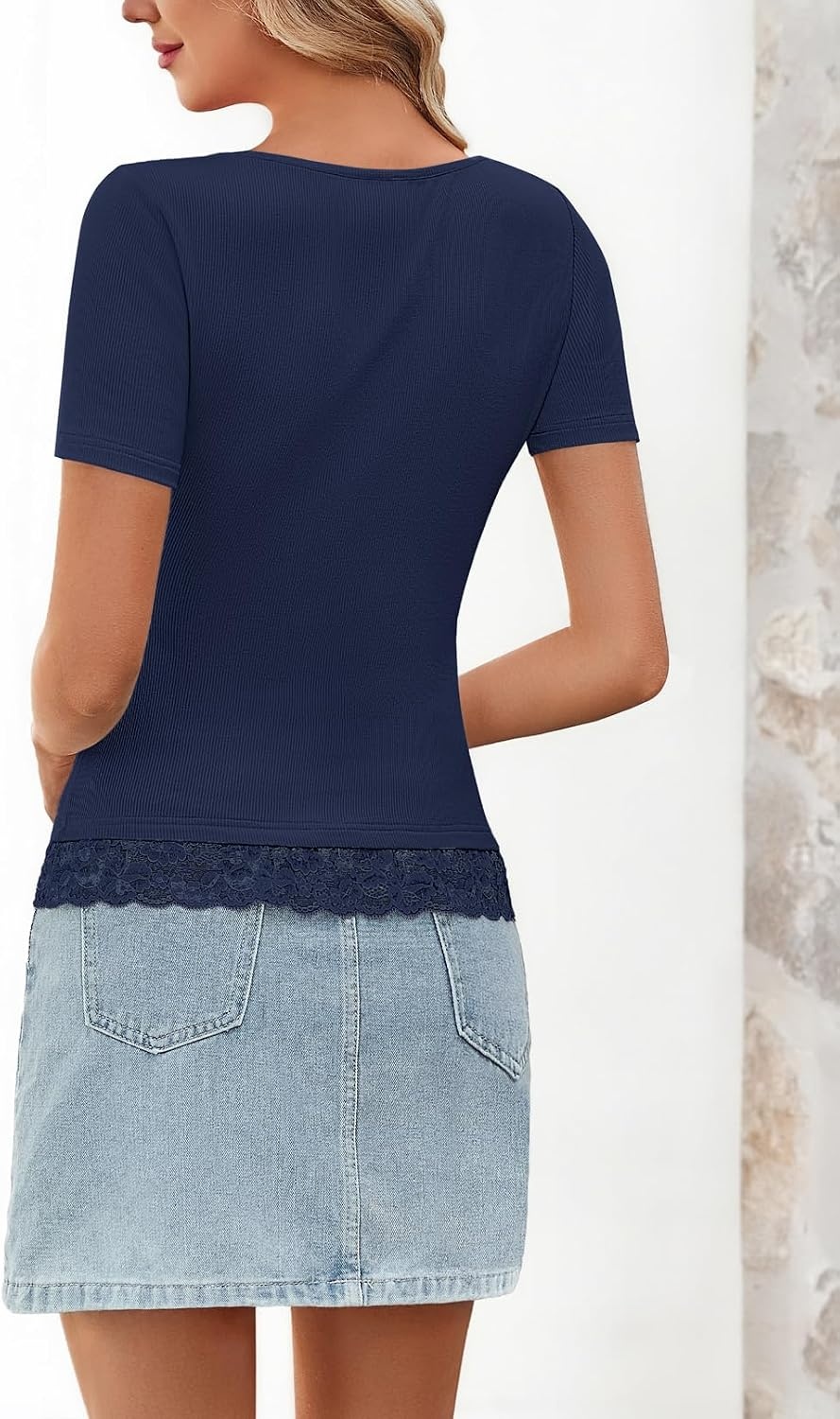 image:imageMEROKEETY Womens Summer Lace Trim Tops Cute Short Sleeve Ribbed Shirts 2026Navy