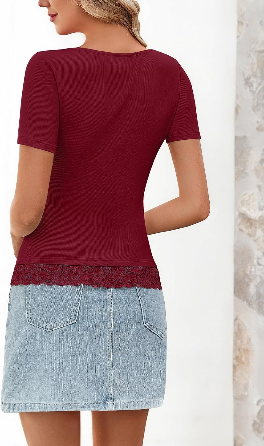 image:imageMEROKEETY Womens Summer Lace Trim Tops Cute Short Sleeve Ribbed Shirts 2026Wine Red
