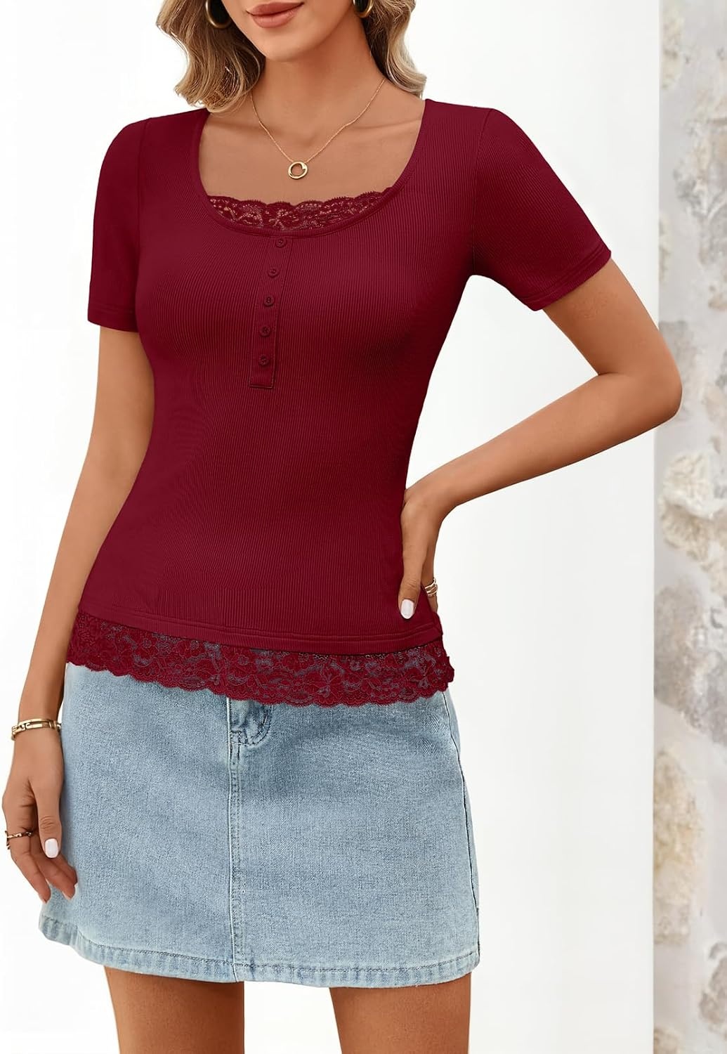 image:imageMEROKEETY Womens Summer Lace Trim Tops Cute Short Sleeve Ribbed Shirts 2026Wine Red