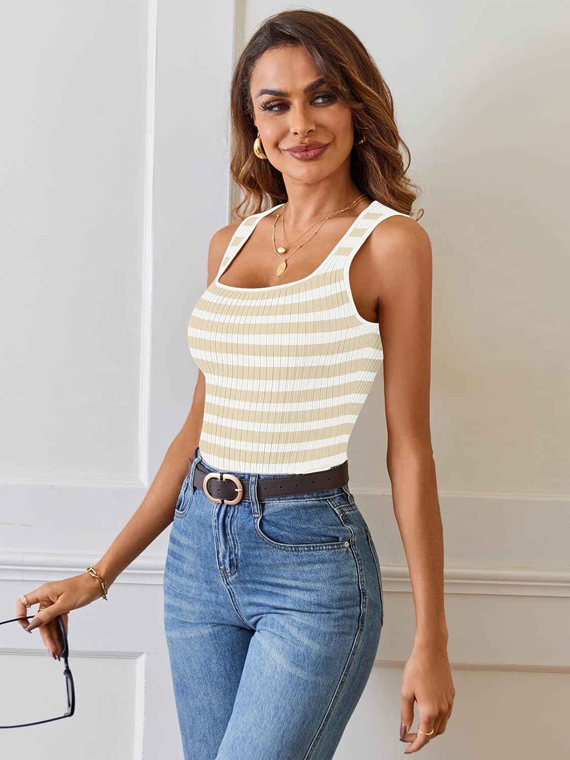 image:imageMEROKEETY Womens Summer Square Neck Tank TopsApricot