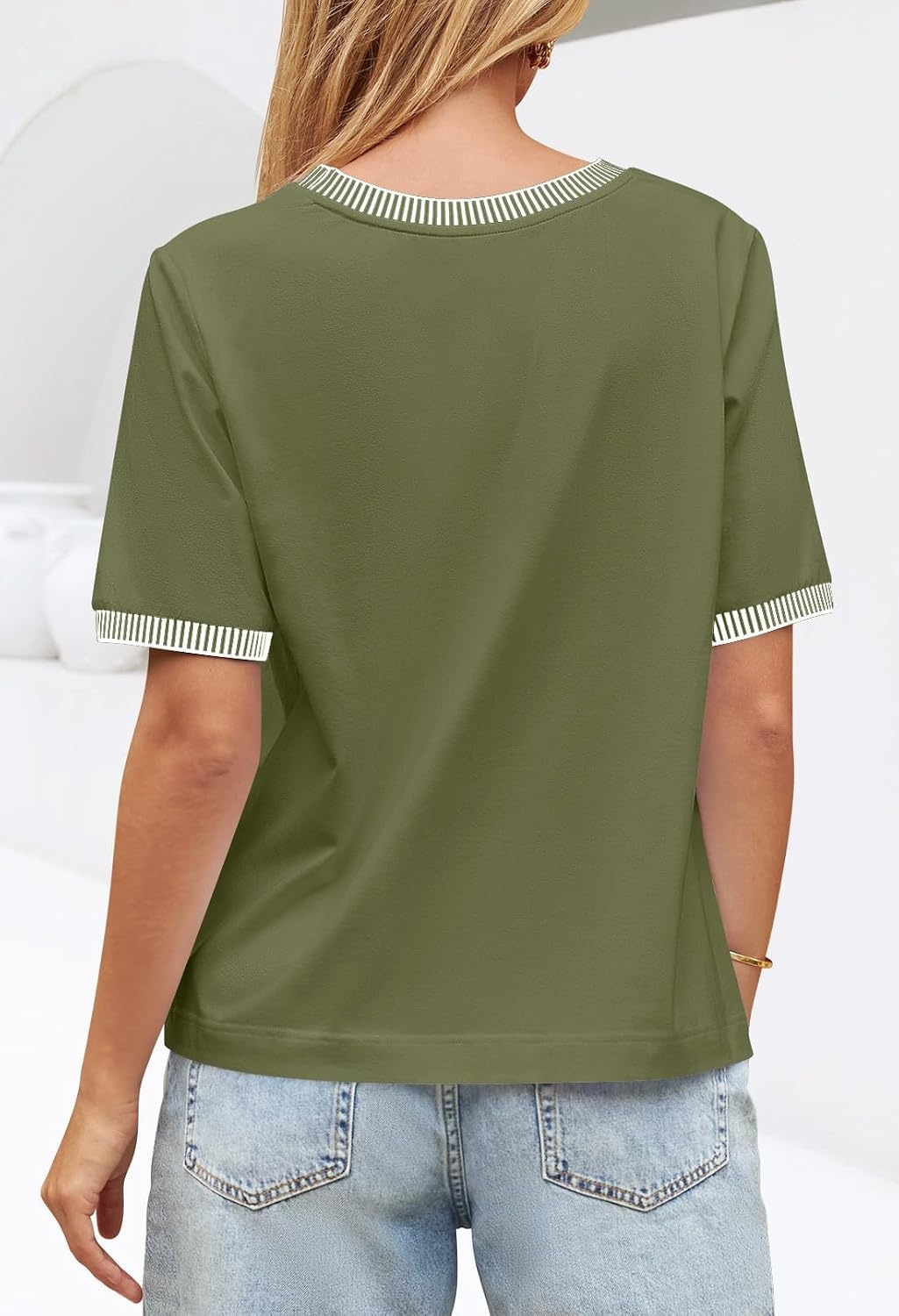 image:imageMEROKEETY Womens Summer Tops 2026 Short Sleeve Casual Trendy Striped Color Block T Shirts Loose BlouseArmy Green