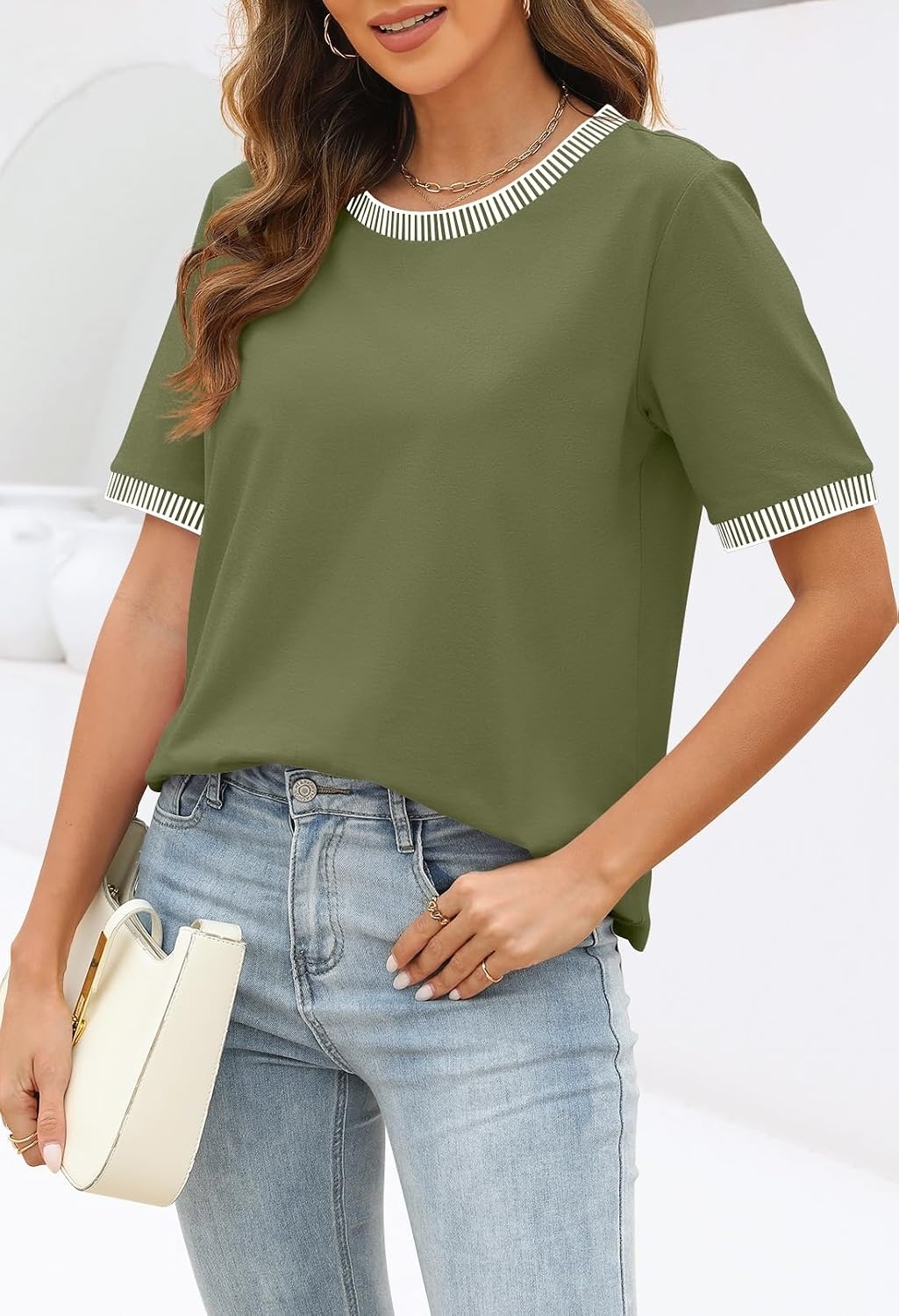 image:imageMEROKEETY Womens Summer Tops 2026 Short Sleeve Casual Trendy Striped Color Block T Shirts Loose BlouseArmy Green
