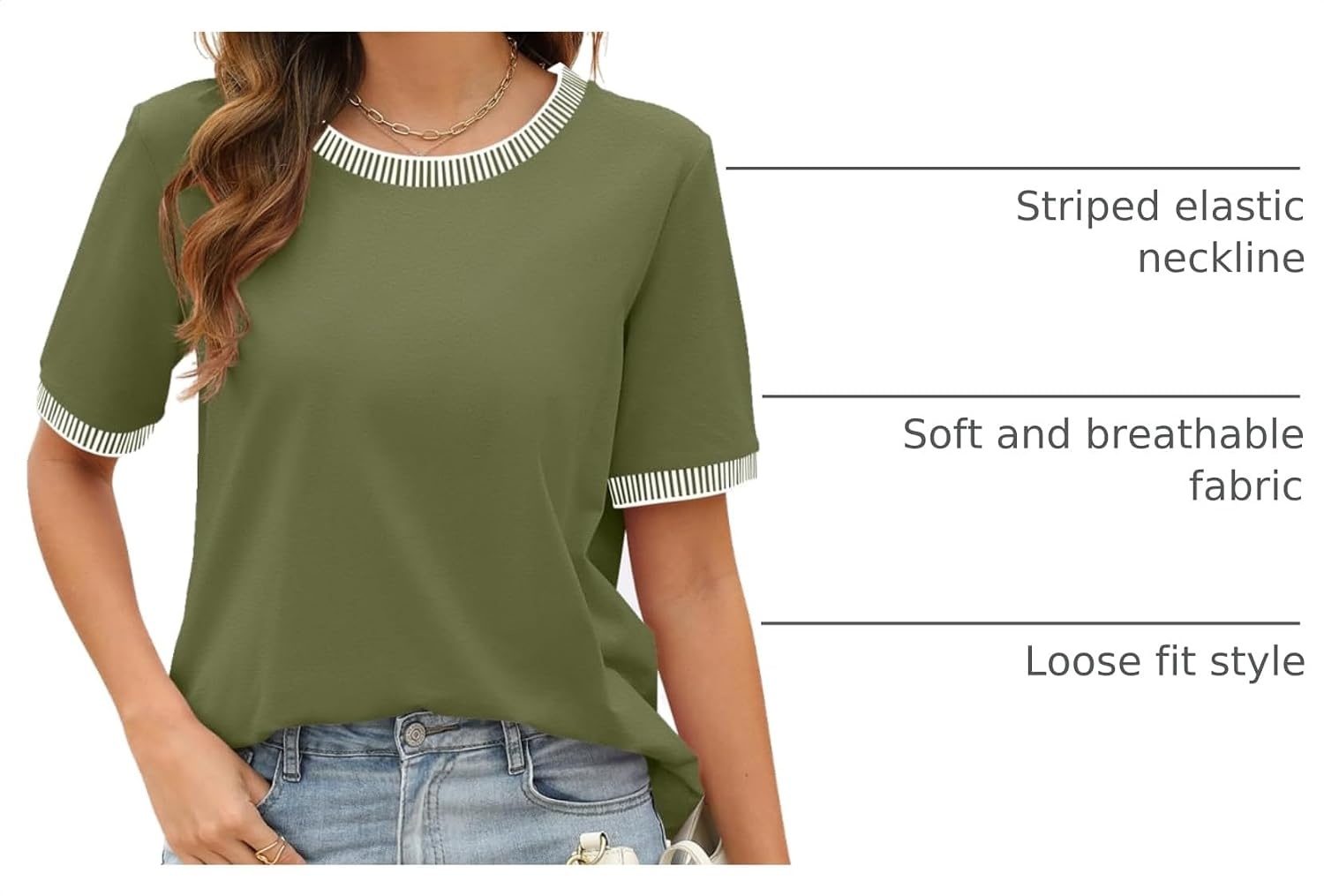 image:imageMEROKEETY Womens Summer Tops 2026 Short Sleeve Casual Trendy Striped Color Block T Shirts Loose BlouseArmy Green