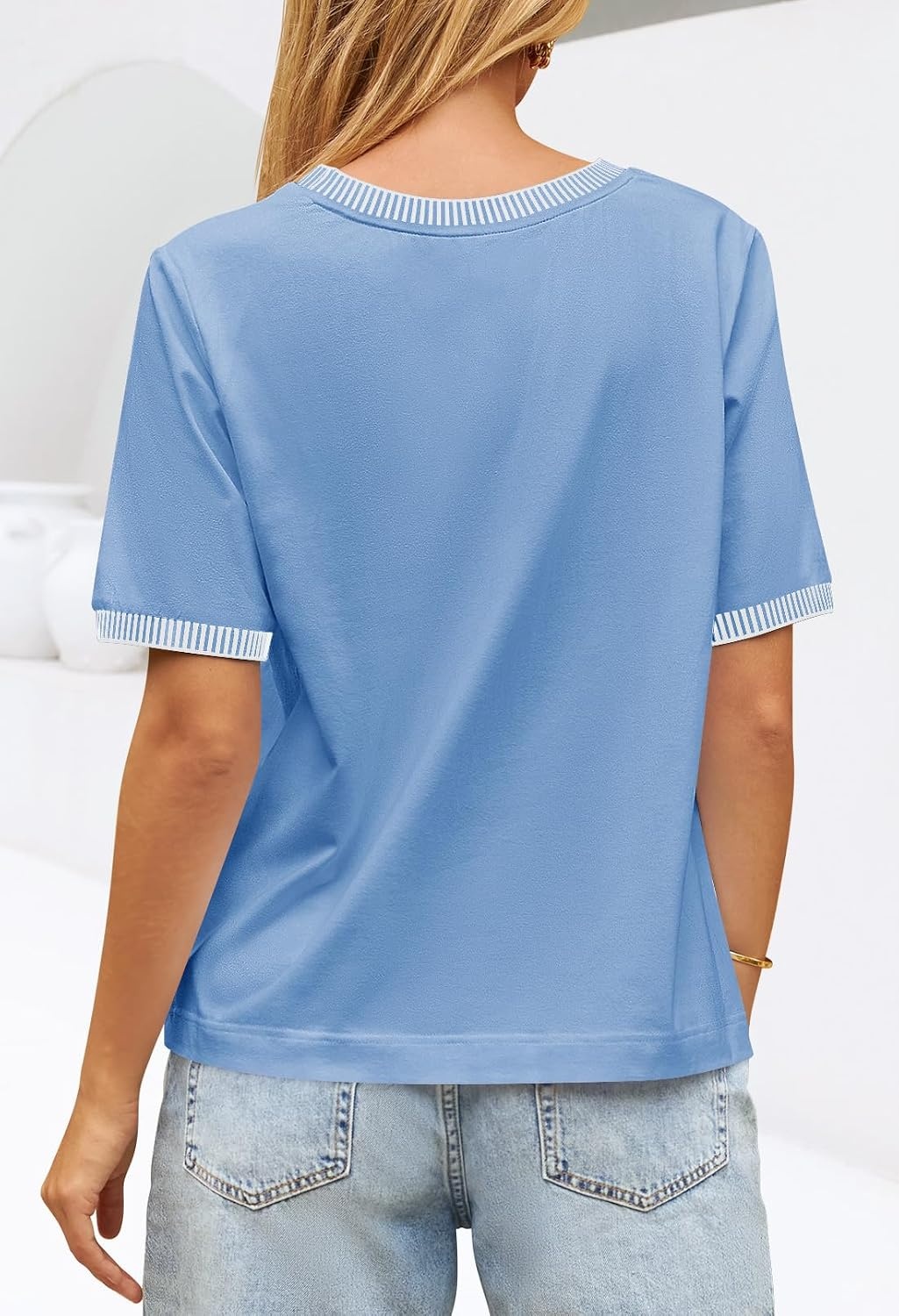 image:imageMEROKEETY Womens Summer Tops 2026 Short Sleeve Casual Trendy Striped Color Block T Shirts Loose BlouseLight Blue
