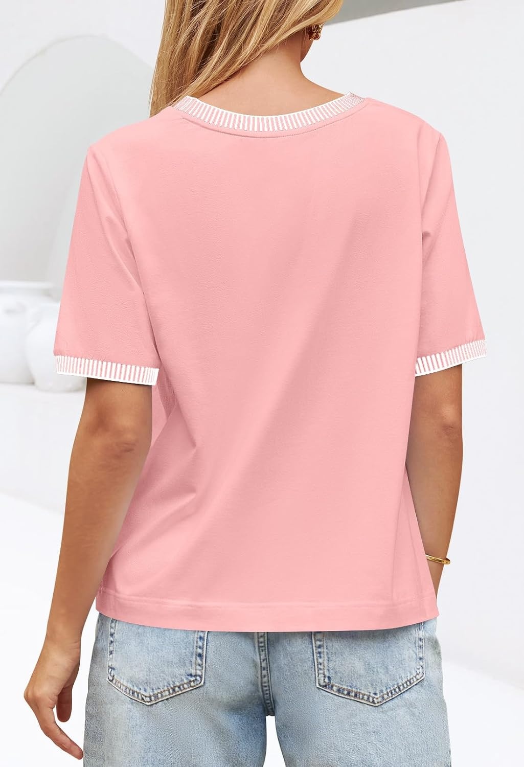image:imageMEROKEETY Womens Summer Tops 2026 Short Sleeve Casual Trendy Striped Color Block T Shirts Loose BlouseLight Pink