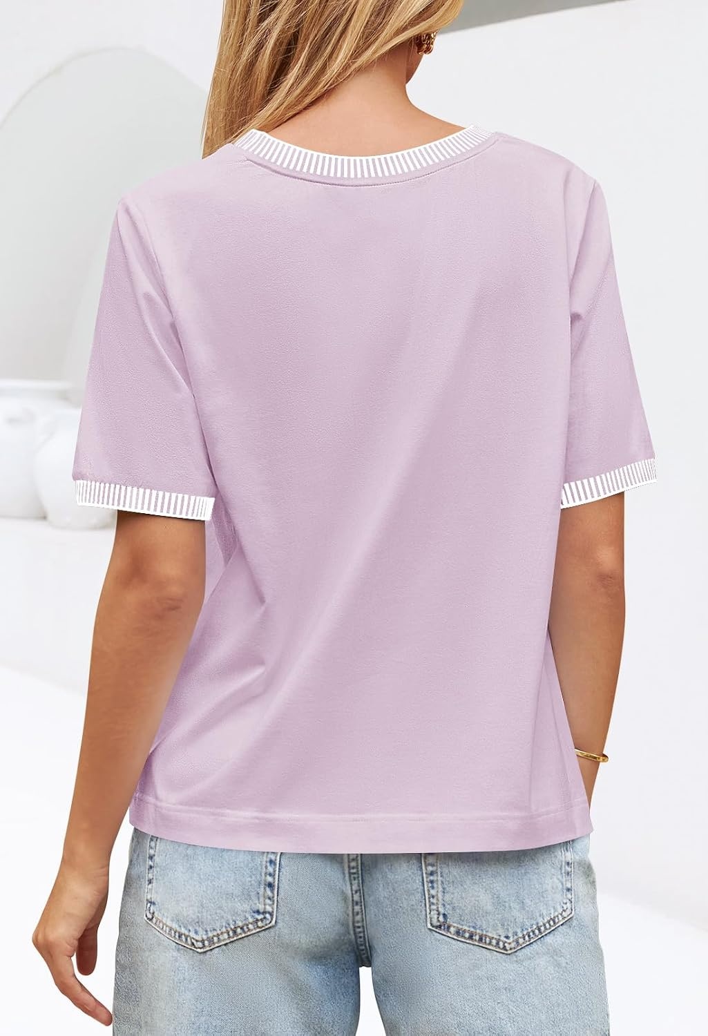 image:imageMEROKEETY Womens Summer Tops 2026 Short Sleeve Casual Trendy Striped Color Block T Shirts Loose BlouseLilac