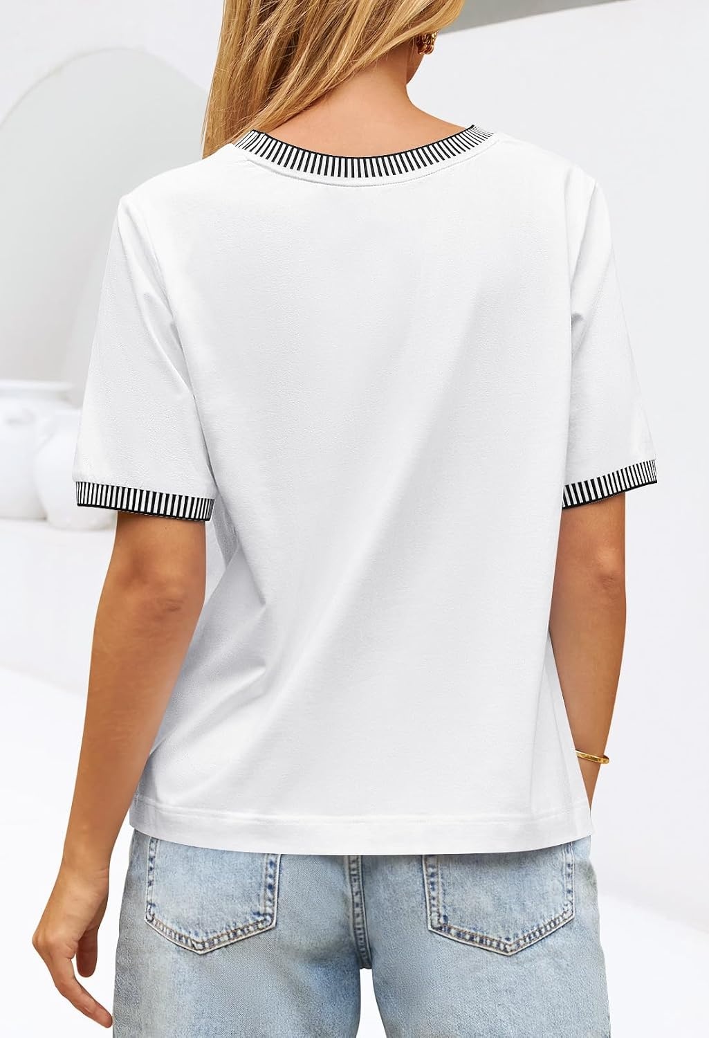 image:imageMEROKEETY Womens Summer Tops 2026 Short Sleeve Casual Trendy Striped Color Block T Shirts Loose BlouseWhite