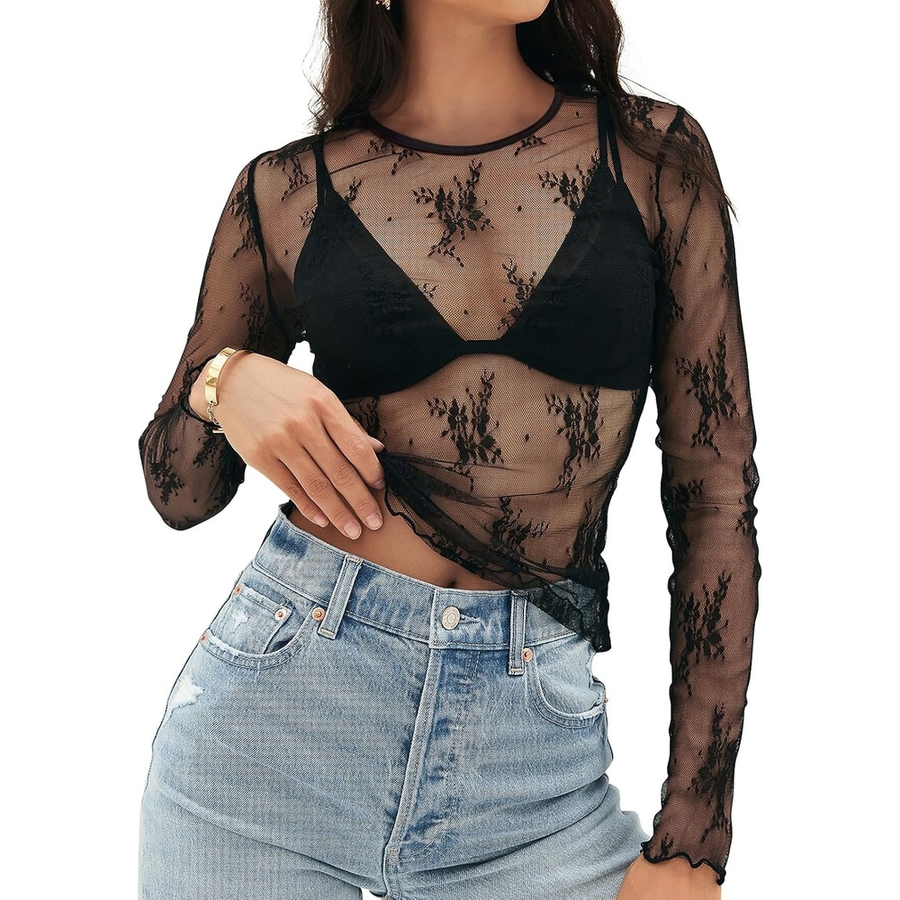 image:imageMEROKEETY Women Lace Mesh Sheer Long Sleeve Crew Neck Top Blouse Shirt 2026Black