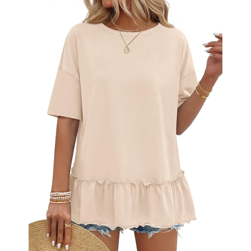 image:imageMEROKEETY Womens 2026 Summer Short Sleeve Peplum Casual Ruffle TopsApricot
