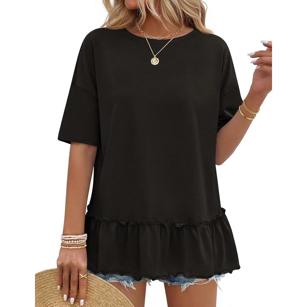 image:imageMEROKEETY Womens 2026 Summer Short Sleeve Peplum Casual Ruffle TopsBlack
