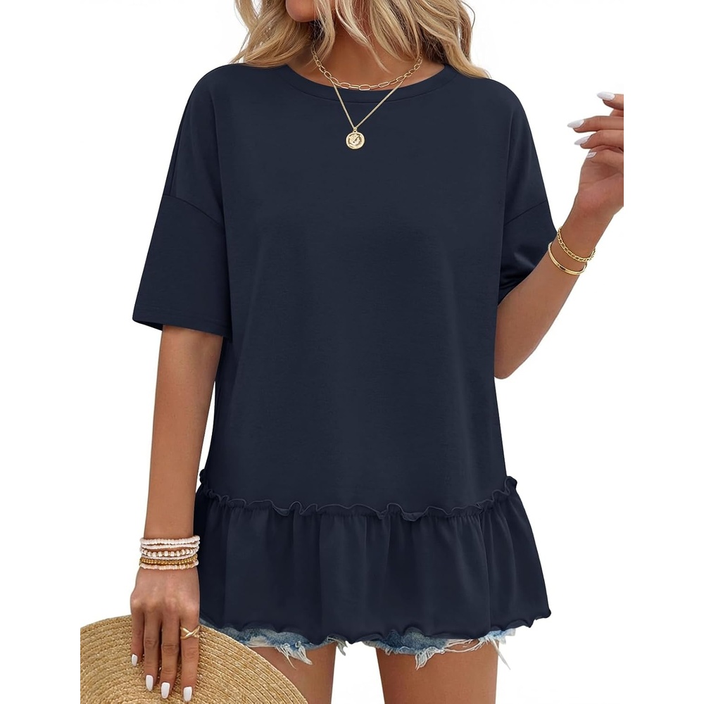 image:imageMEROKEETY Womens 2026 Summer Short Sleeve Peplum Casual Ruffle TopsNavy