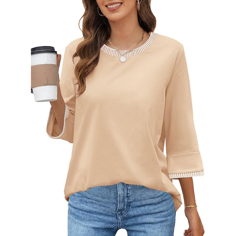 image:imageMEROKEETY Womens 34 Length Sleeve Tops Dressy Casual Crew Neck Loose Trendy Spring Blouses T ShirtsApricot