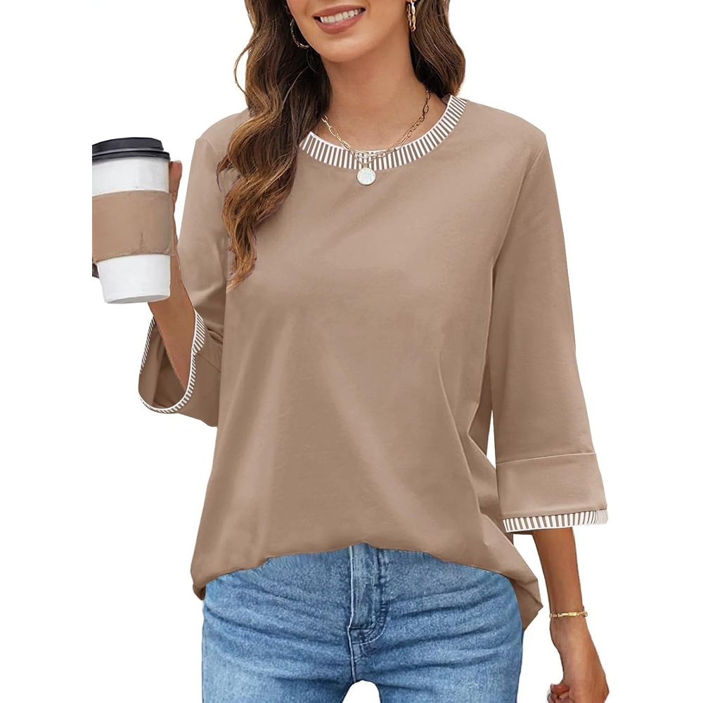image:imageMEROKEETY Womens 34 Length Sleeve Tops Dressy Casual Crew Neck Loose Trendy Spring Blouses T ShirtsKhaki