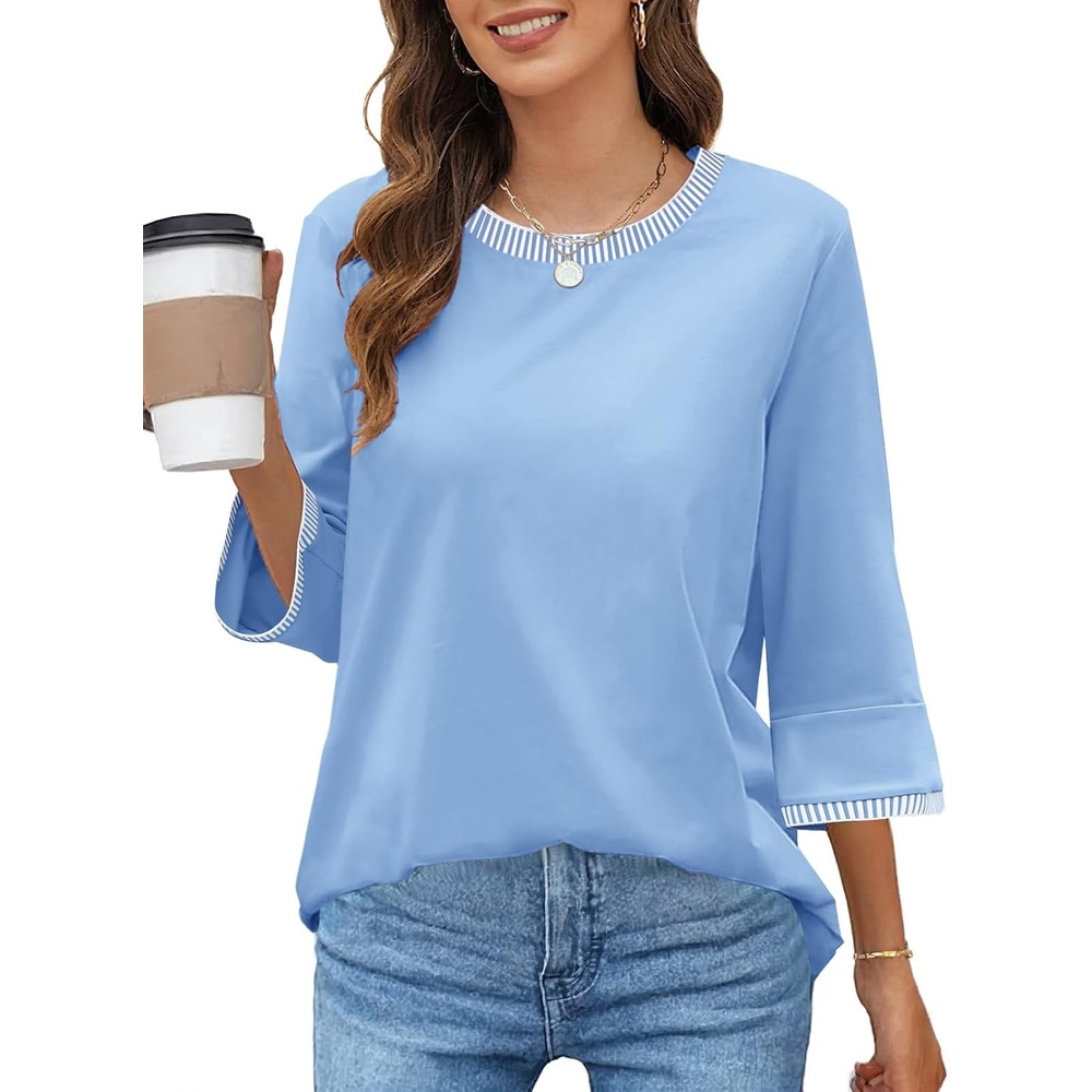image:imageMEROKEETY Womens 34 Length Sleeve Tops Dressy Casual Crew Neck Loose Trendy Spring Blouses T ShirtsLight Blue