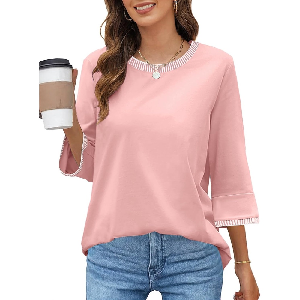 image:imageMEROKEETY Womens 34 Length Sleeve Tops Dressy Casual Crew Neck Loose Trendy Spring Blouses T ShirtsLight Pink