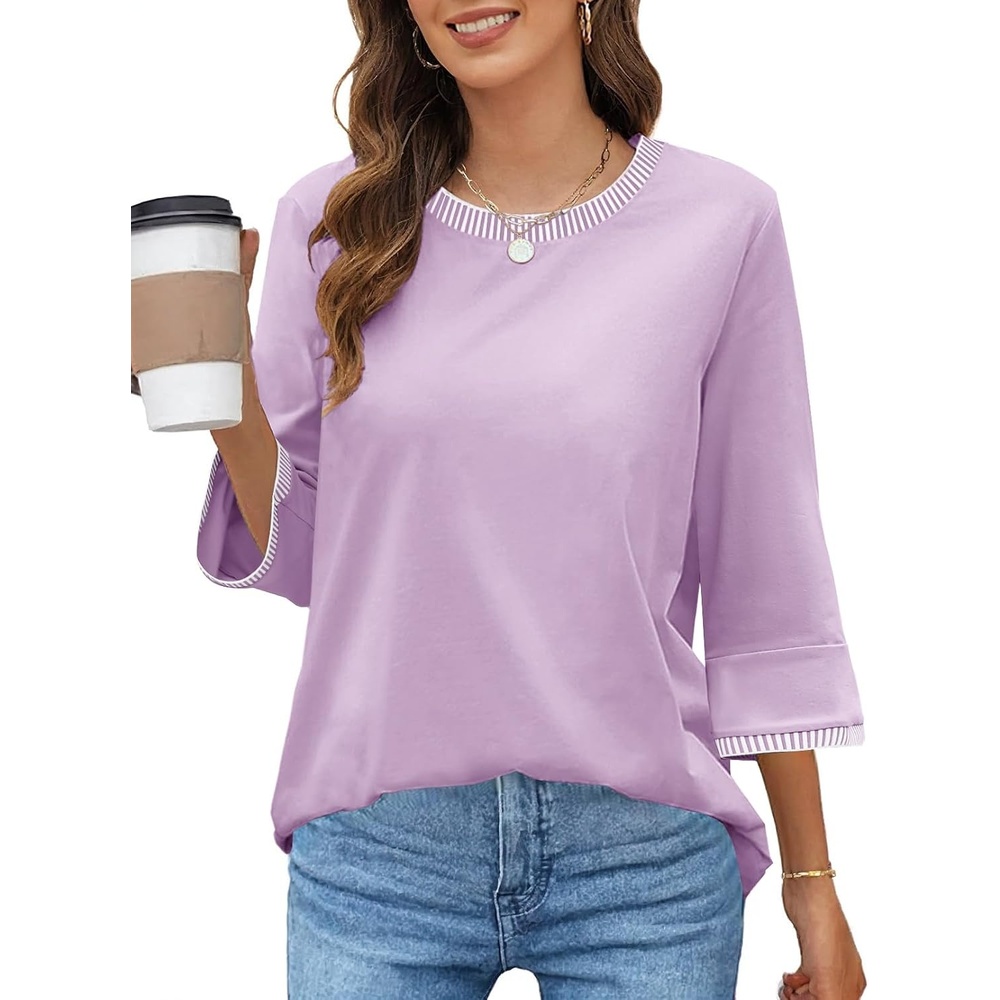 image:imageMEROKEETY Womens 34 Length Sleeve Tops Dressy Casual Crew Neck Loose Trendy Spring Blouses T ShirtsLilac