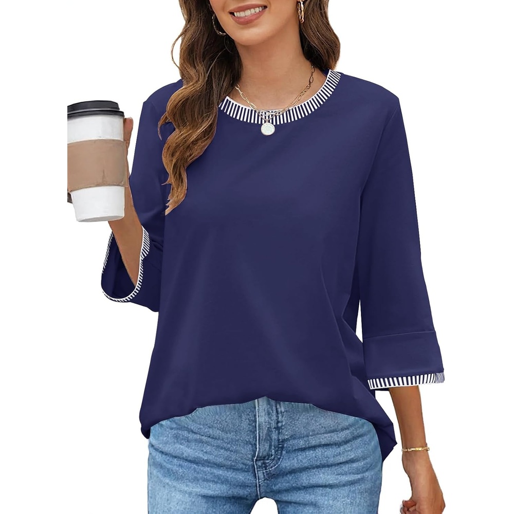 image:imageMEROKEETY Womens 34 Length Sleeve Tops Dressy Casual Crew Neck Loose Trendy Spring Blouses T ShirtsNavy