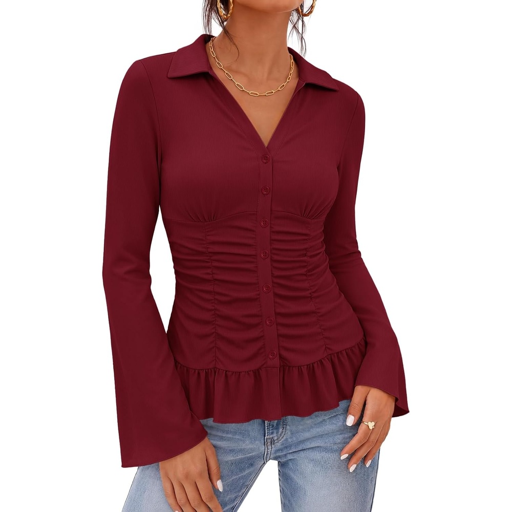 image:imageMEROKEETY Womens Business Casual Long Sleeve Button Down Shirts Ruched TopsWine