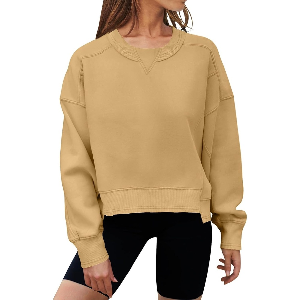 image:imageMEROKEETY Womens Crewneck Cropped Sweatshirts Trendy Oversized PulloverApricot