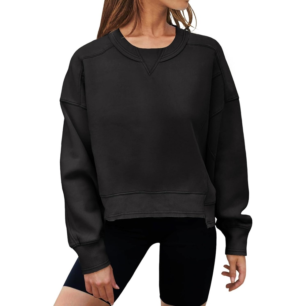 image:imageMEROKEETY Womens Crewneck Cropped Sweatshirts Trendy Oversized PulloverBlack