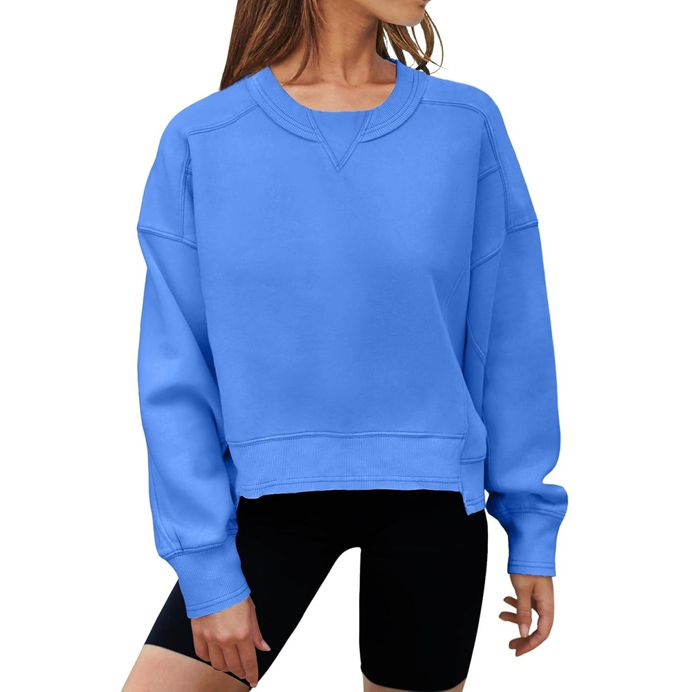 image:imageMEROKEETY Womens Crewneck Cropped Sweatshirts Trendy Oversized PulloverBlue