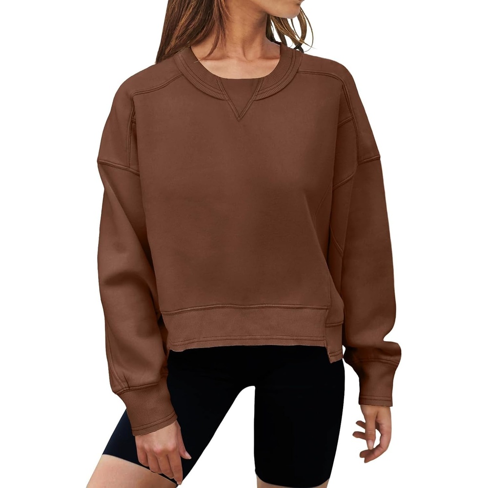image:imageMEROKEETY Womens Crewneck Cropped Sweatshirts Trendy Oversized PulloverDarkbrown