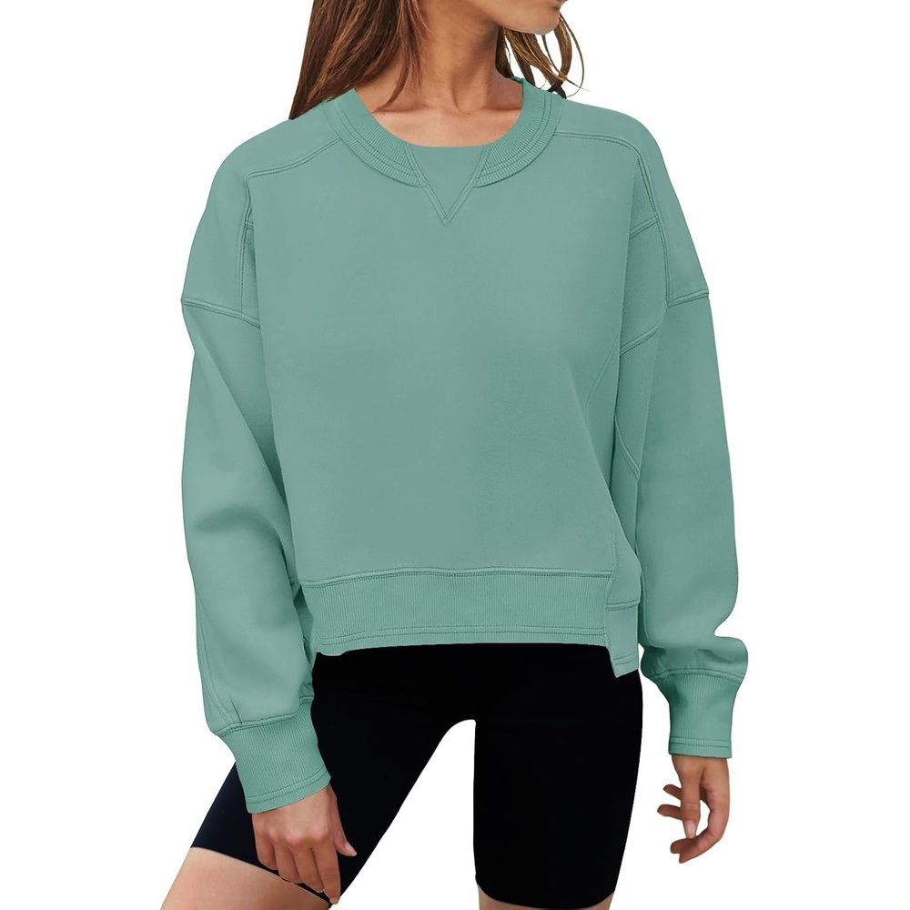 image:imageMEROKEETY Womens Crewneck Cropped Sweatshirts Trendy Oversized PulloverLightgreen