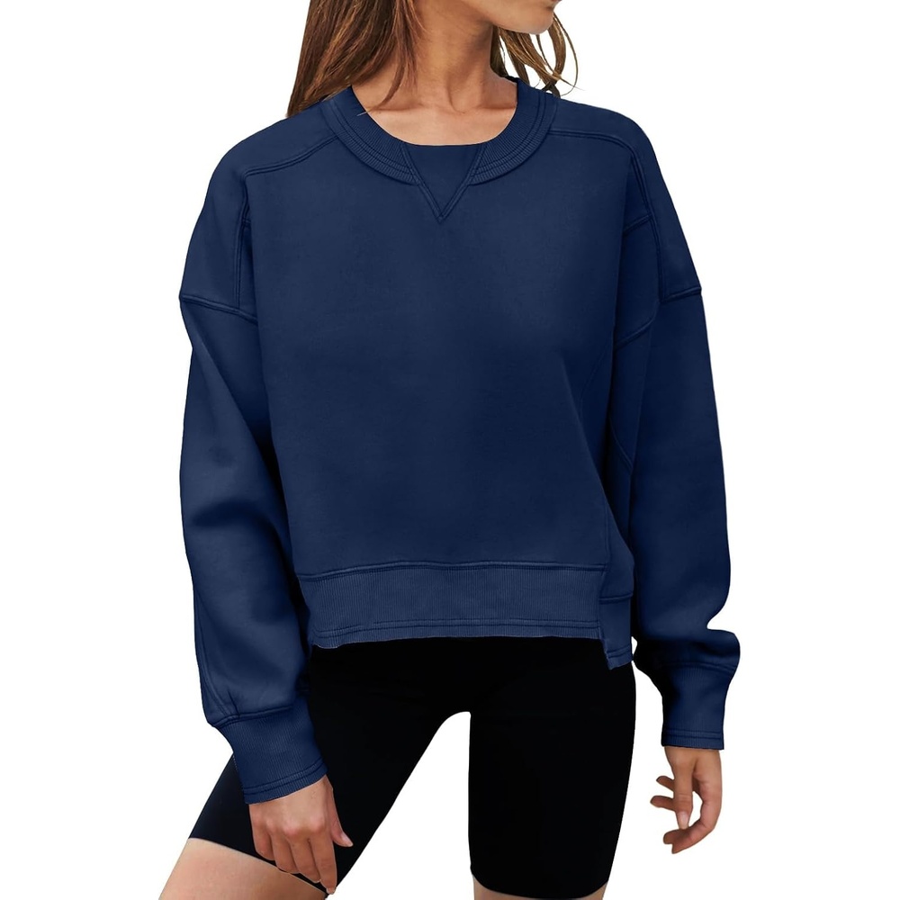 image:imageMEROKEETY Womens Crewneck Cropped Sweatshirts Trendy Oversized PulloverNavy