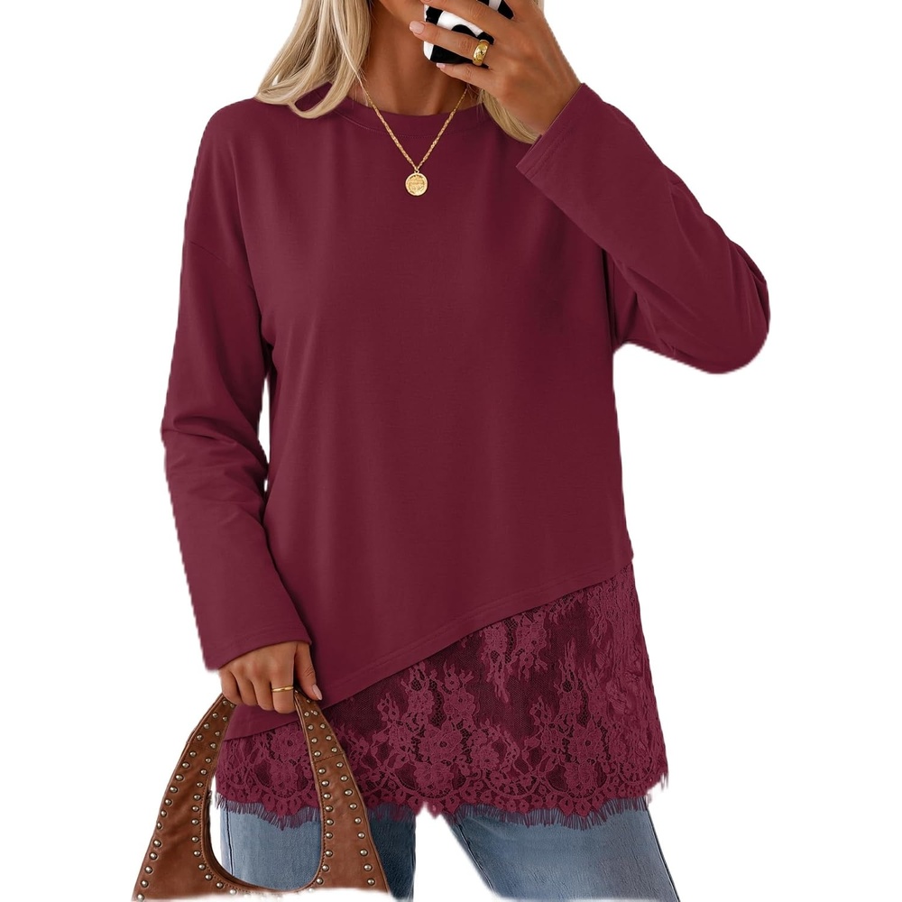 image:imageMEROKEETY Womens Fall Lace Long Sleeve Tops 2026 Casual ShirtsBurgundy