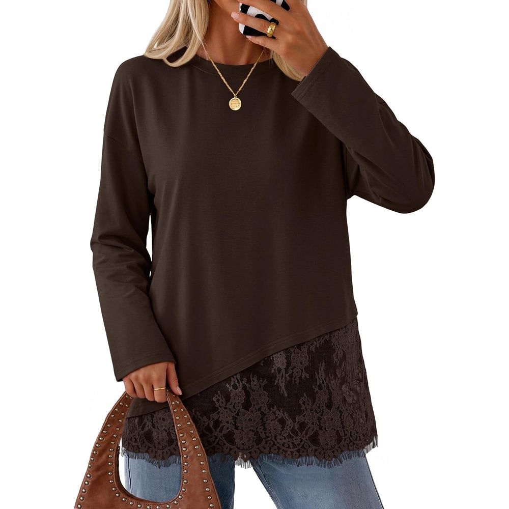 image:imageMEROKEETY Womens Fall Lace Long Sleeve Tops 2026 Casual ShirtsCoffee