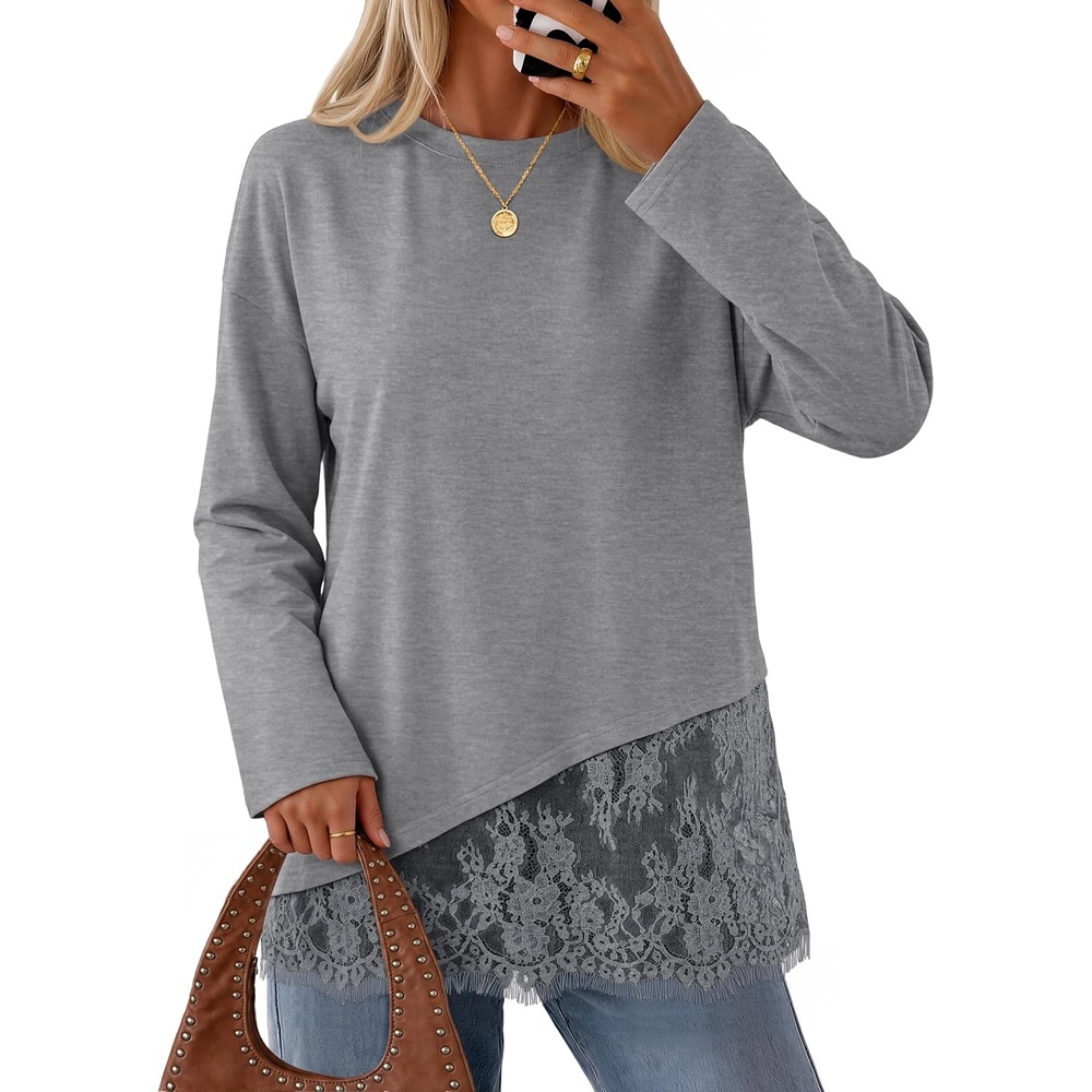 image:imageMEROKEETY Womens Fall Lace Long Sleeve Tops 2026 Casual ShirtsGrey