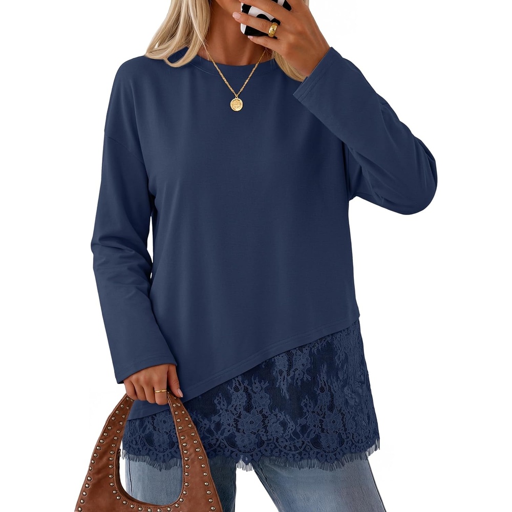 image:imageMEROKEETY Womens Fall Lace Long Sleeve Tops 2026 Casual ShirtsNavy