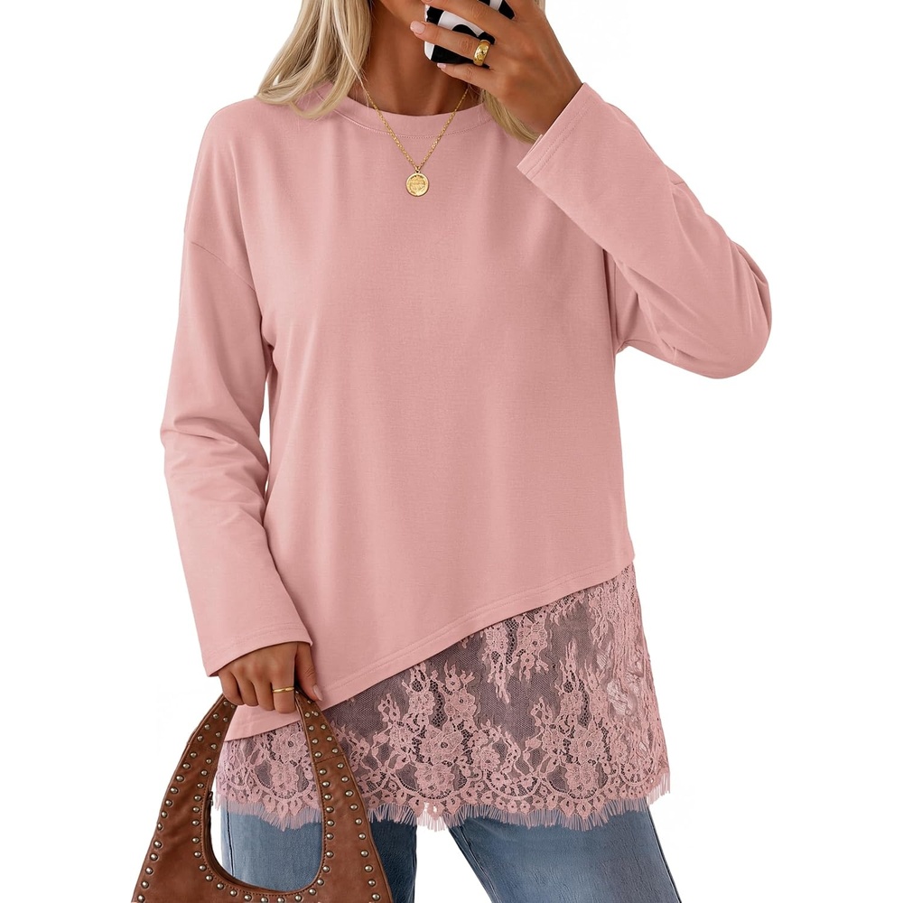 image:imageMEROKEETY Womens Fall Lace Long Sleeve Tops 2026 Casual ShirtsPink