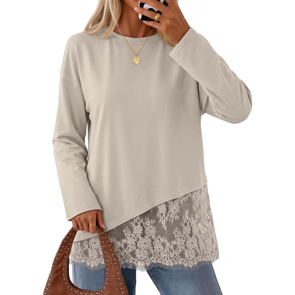 image:imageMEROKEETY Womens Fall Lace Long Sleeve Tops 2026 Casual ShirtsSand