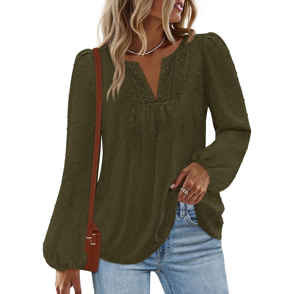 image:imageMEROKEETY Womens Fall Long Sleeve Blouse Shirt 2025 Dressy Casual Crochet Lace V Neck Swiss Dot TopsArmy Green