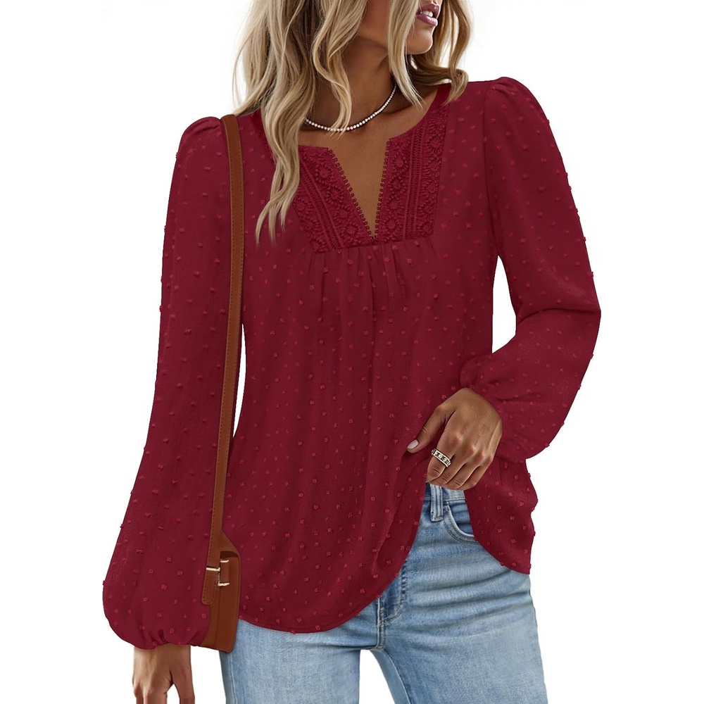 image:imageMEROKEETY Womens Fall Long Sleeve Blouse Shirt 2025 Dressy Casual Crochet Lace V Neck Swiss Dot TopsWine Red