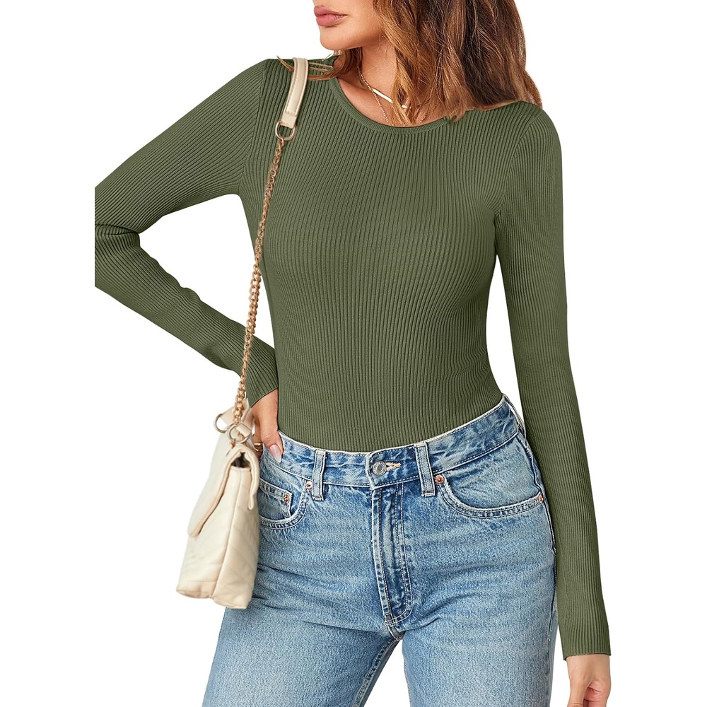 image:imageMEROKEETY Womens Fall Long Sleeve Crew Neck Ribbed Knit Work BodysuitsArmygreen