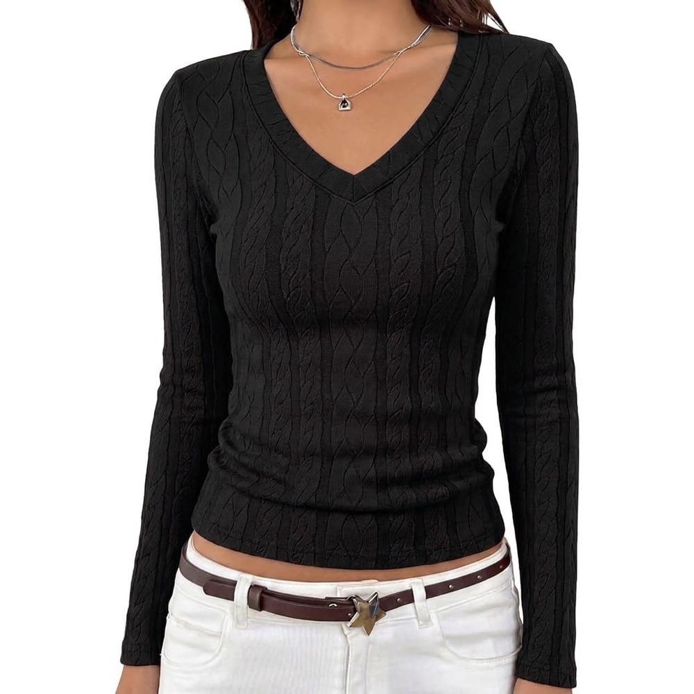 image:imageMEROKEETY Womens Fall Long Sleeve V Neck Top Trendy Shirt Business CasualBlack