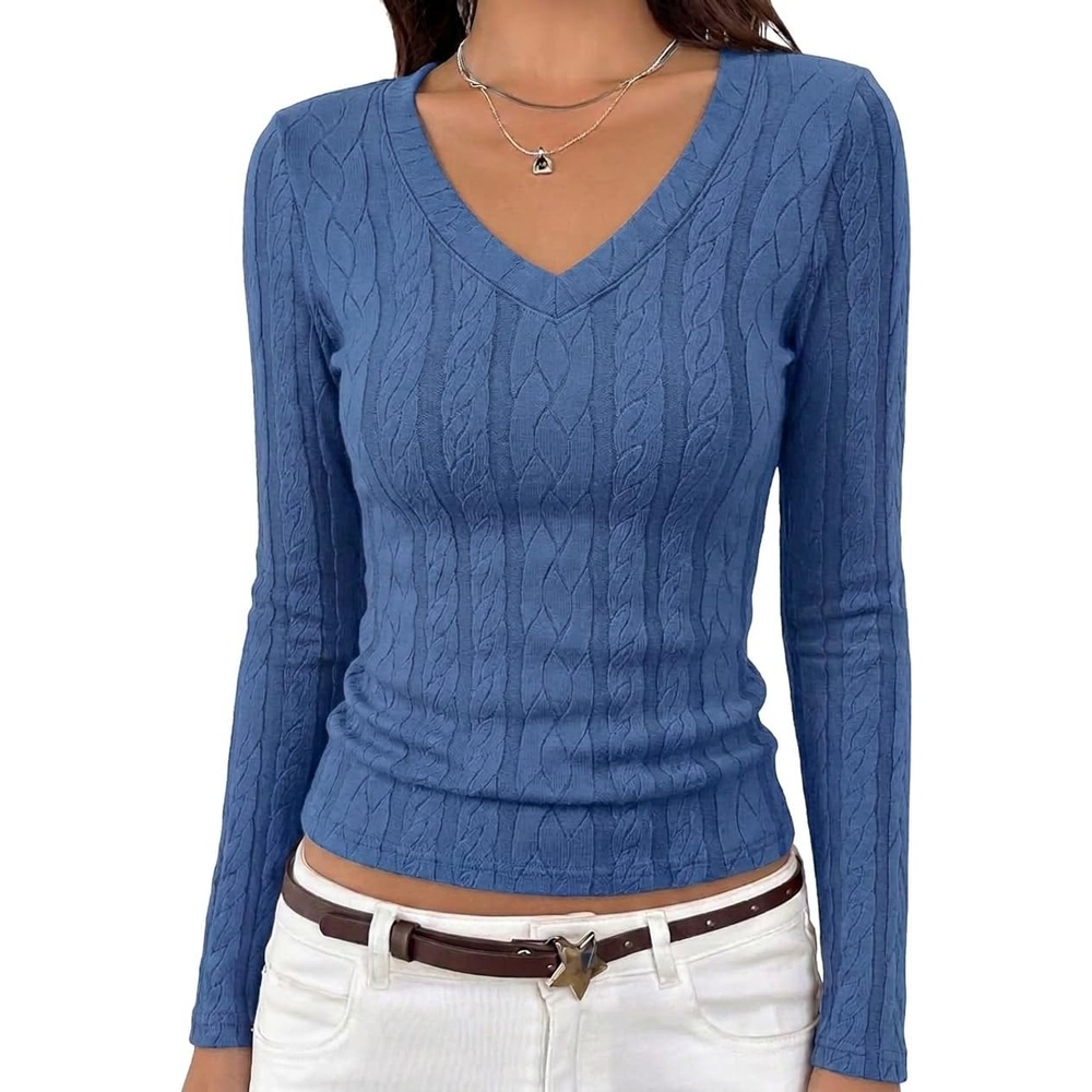 image:imageMEROKEETY Womens Fall Long Sleeve V Neck Top Trendy Shirt Business CasualDusty Blue