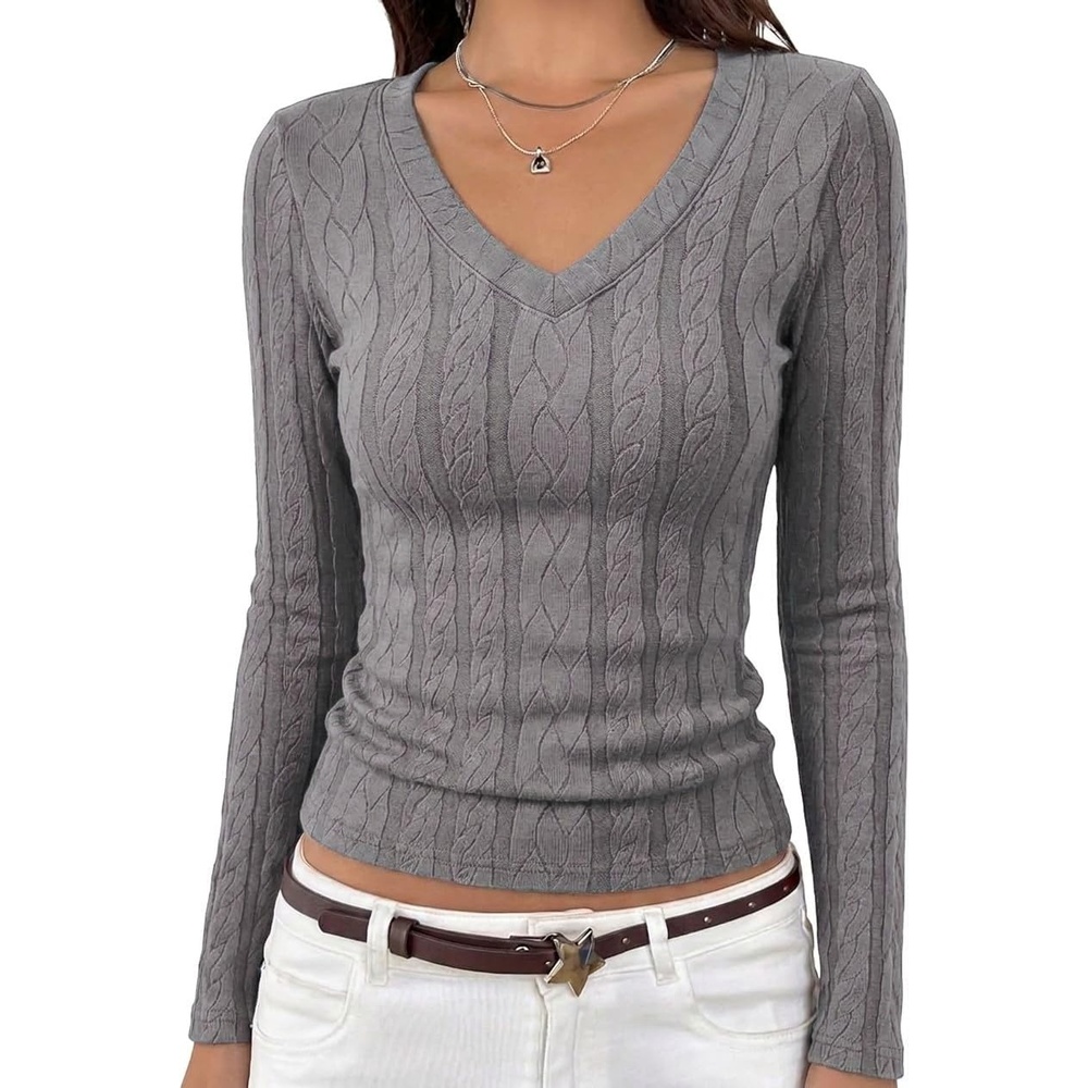 image:imageMEROKEETY Womens Fall Long Sleeve V Neck Top Trendy Shirt Business CasualGrey