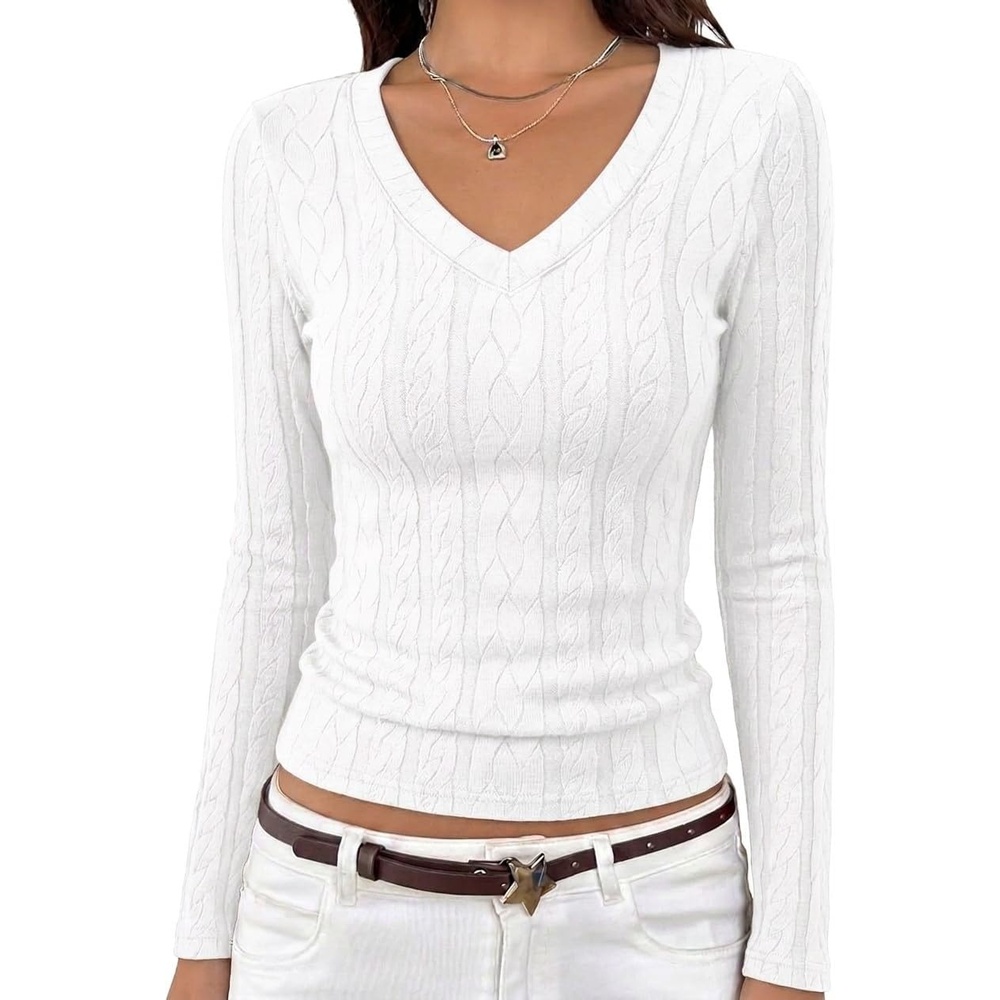 image:imageMEROKEETY Womens Fall Long Sleeve V Neck Top Trendy Shirt Business CasualWhite