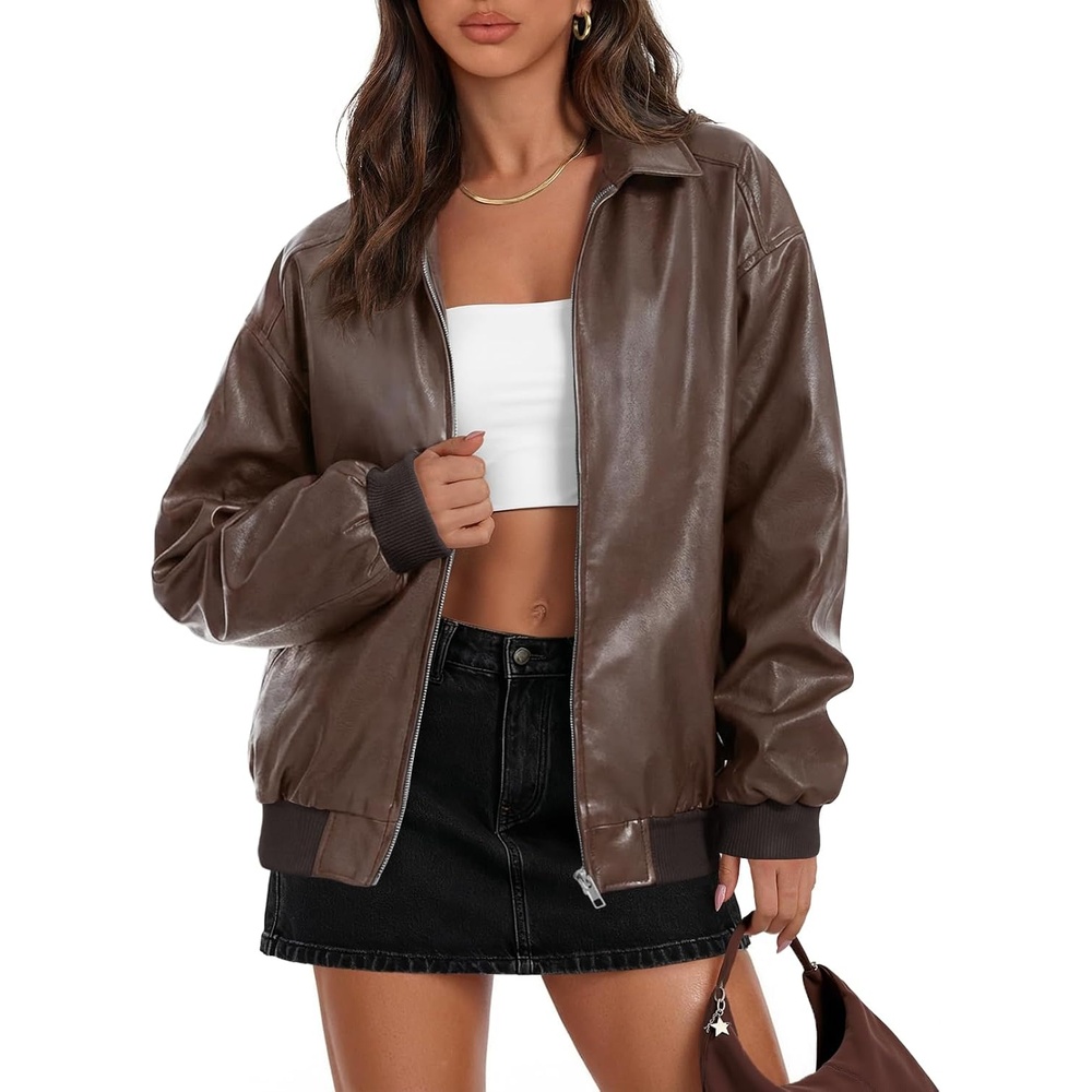 image:imageMEROKEETY Womens Fall Winter Oversized Faux Leather Bomber Jacket Coat 2026Coffee