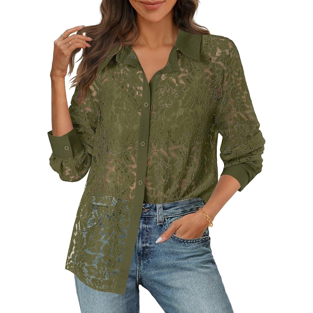 image:imageMEROKEETY Womens Lace Long Sleeve Shirts Dressy Casual Tops Sheer BlousesArmygreen