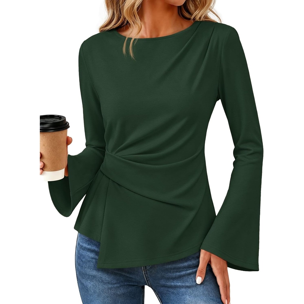 image:imageMEROKEETY Womens Peplum Tops Long Sleeve Fall Dressy Business Casual BlouseDarkgreen
